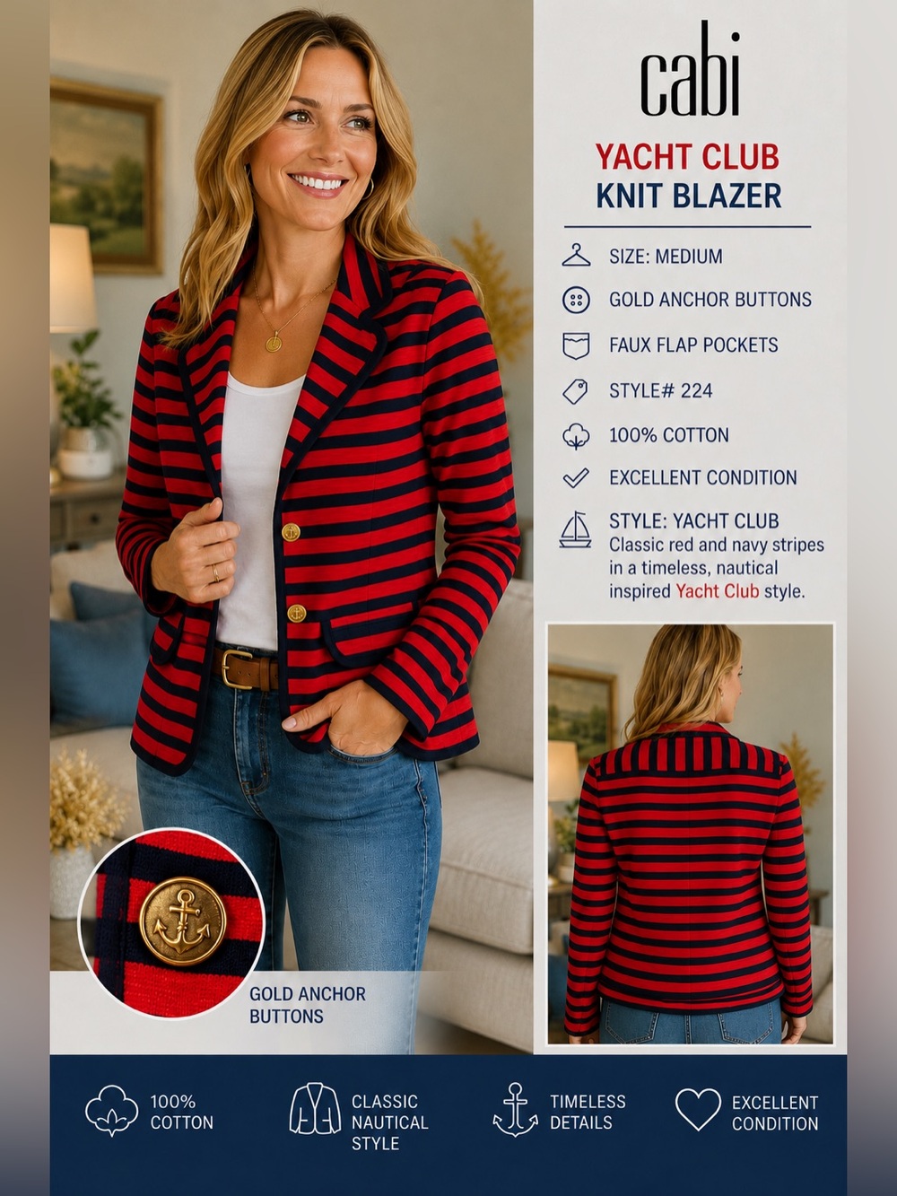 CAbi Yacht Club Knit Blazer Women’s Medium Red Navy Stripe Gold Anchor Buttons